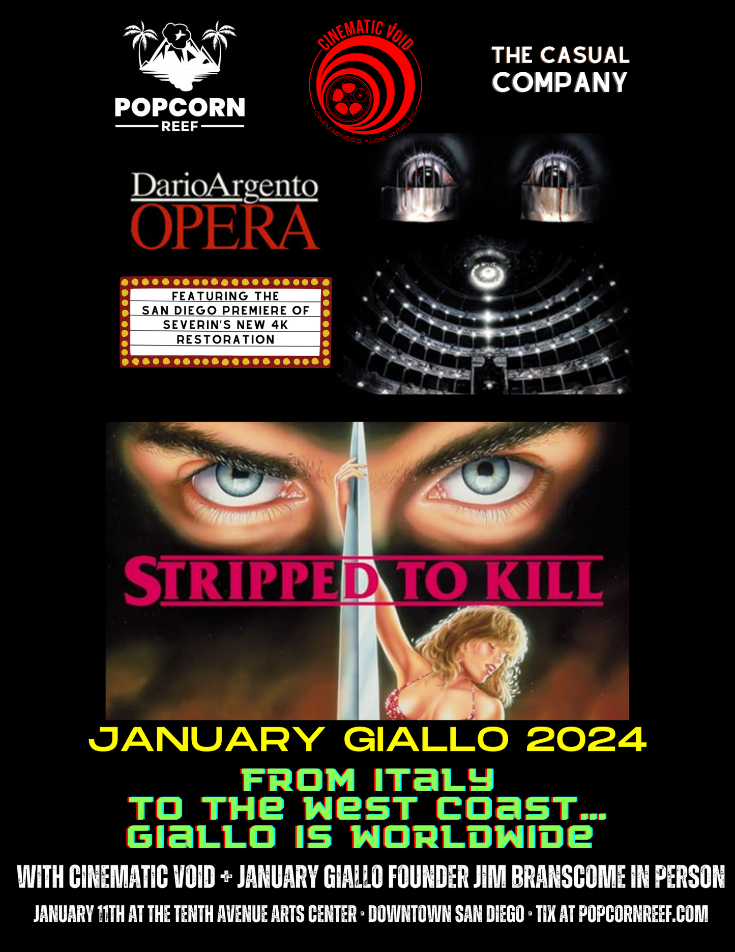 Screening: January Giallo 2024 with Cinematic Void Founder Jim Branscome In-Person, OPERA, and STRIPPED TO KILL at The Tenth Avenue Arts Center [1/11/24]